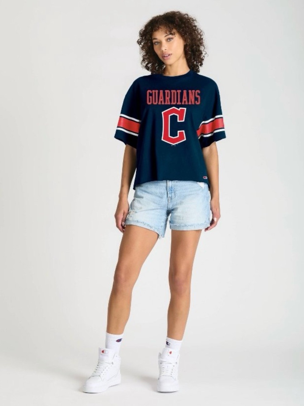 New! MLB Cleveland Guardians Women’s Champion Sequin Print T-Shirt